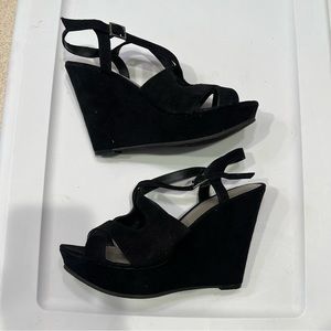 A.N.A. Black Slip On Strappy Wedge Sandals Shoes Open Toe